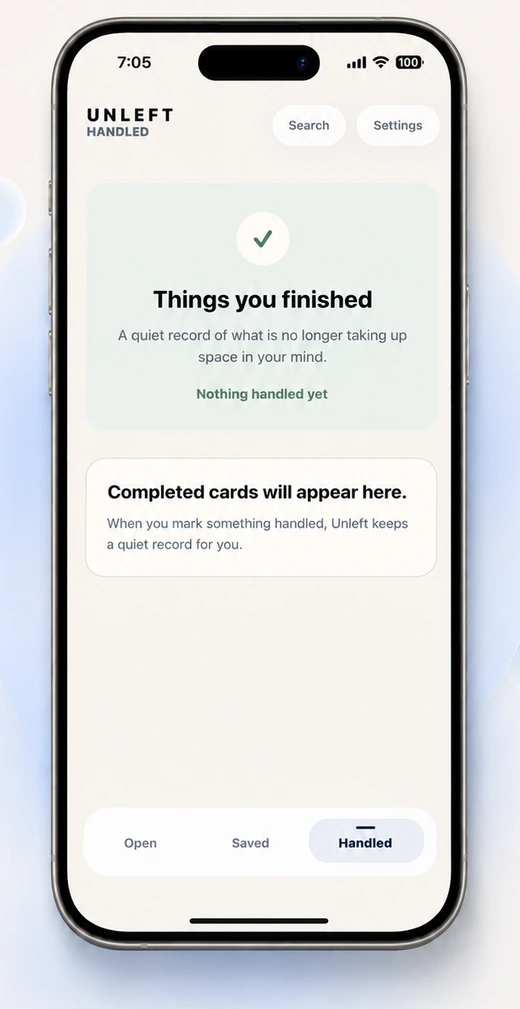 Unleft Handled screen for completed cards