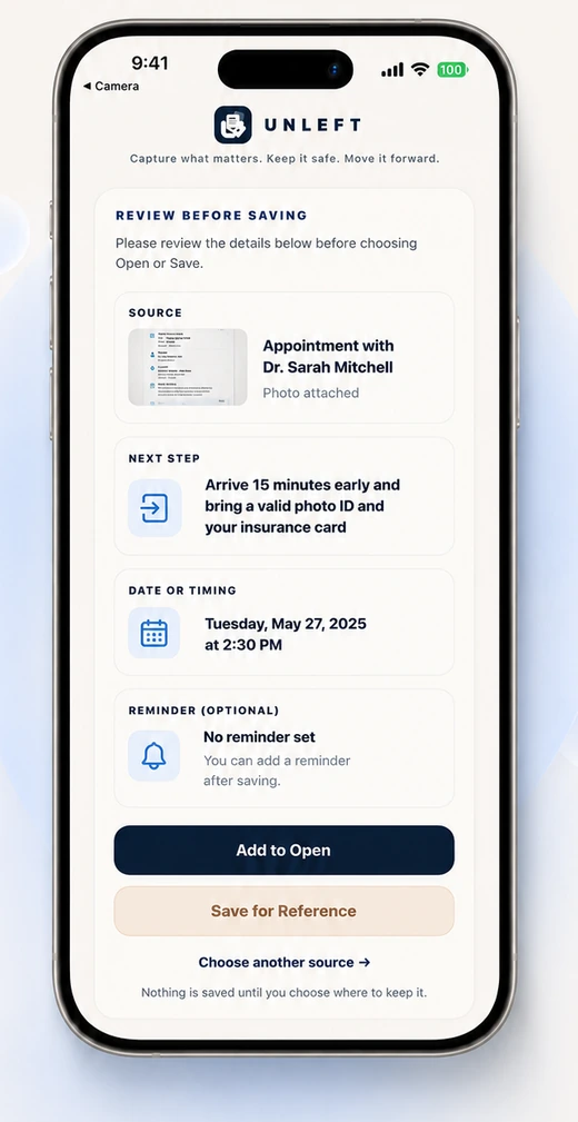 Unleft review screen with card details and original source